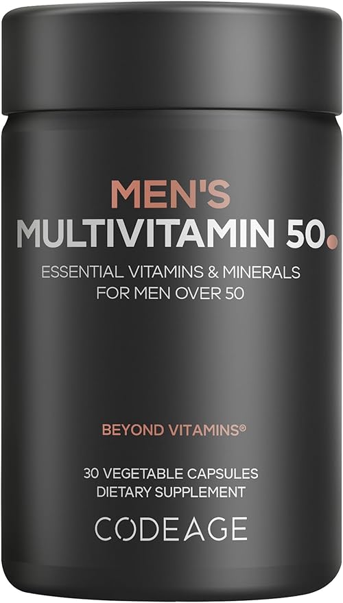 Codeage Men's Multivitamin 50 - Essential Vitamins & Minerals for Men Over 50 - Daily Multivitamins for Men Supplement - Vitamin A, C, D3, E, B6, B1, CoQ10, Probiotics, Lutein - Non-GMO - 30 Capsules