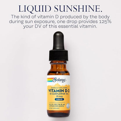 SOLARAY Vitamin D3 Liquid Drops 25 mcg (1000 IU) - Enhanced Absorption Vitamin D Drops in Sunflower Oil for VIT D3 Support - Naturally Unflavored, Dropper Included - Approx. 500 Servings, 0.5oz