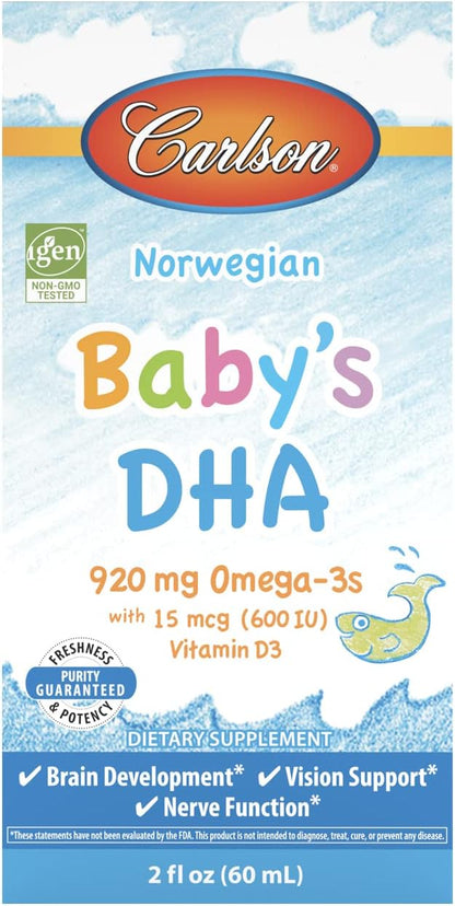 Carlson - Baby's DHA, Liquid DHA Baby Supplement, 1100 mg Omega-3s + 400 IU Vitamin D3, Brain Development, Vision Support & Nerve Function, Omega-3 Liquid for Babies, Baby Fish Oil, 60 mL