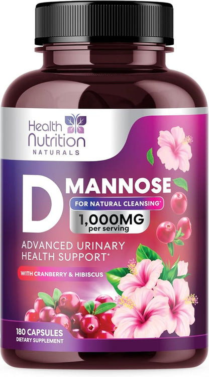 D-Mannose with Cranberry, Hibiscus & Dandelion 1350mg Advanced Formula – Urinary Tract Support Supplement for Women & Men – Flush & Cleanse Impurities – Non-GMO, Vegan for Women & Men – 180 Capsules