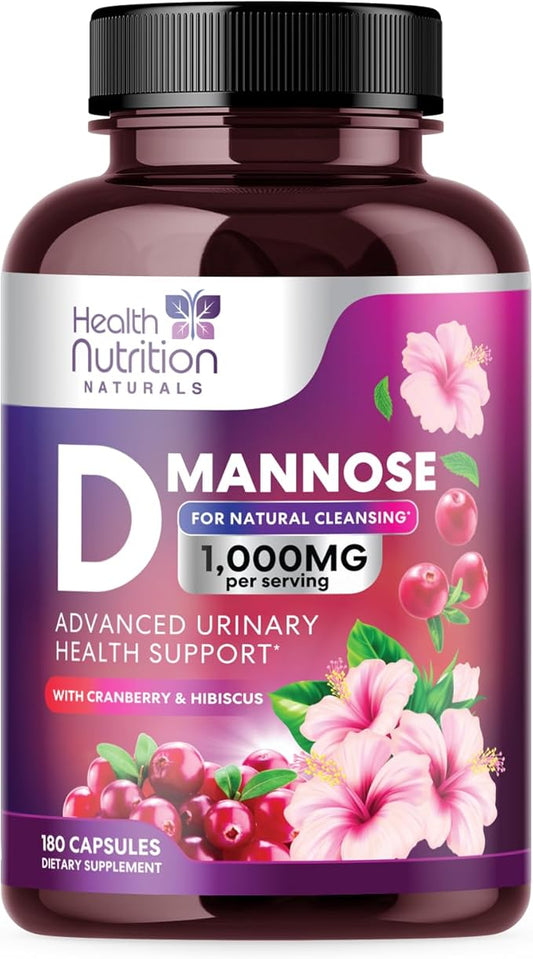D-Mannose with Cranberry, Hibiscus & Dandelion 1350mg Advanced Formula – Urinary Tract Support Supplement for Women & Men – Flush & Cleanse Impurities – Non-GMO, Vegan for Women & Men – 180 Capsules