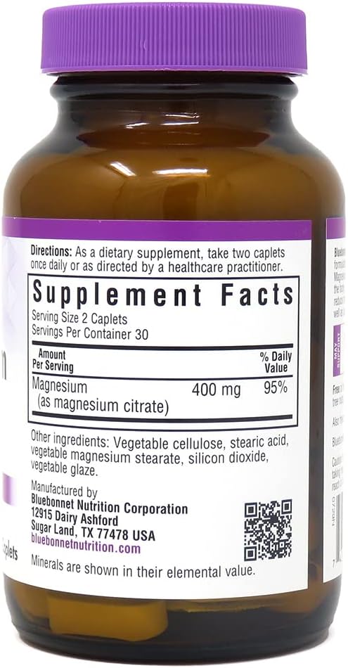 Bluebonnet Nutrition Magnesium Citrate (400mg of Magnesium)- Maximum Absorption - Supports Immune Health & Energy Production - Soyfree, Gluten-Free, Non-GMO, Kosher, Dairy Free, Vegan, 60 Caplets