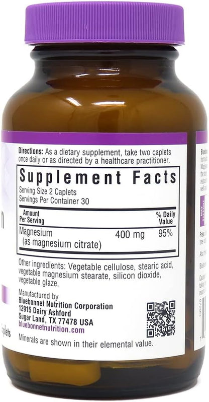 Bluebonnet Nutrition Magnesium Citrate (400mg of Magnesium)- Maximum Absorption - Supports Immune Health & Energy Production - Soyfree, Gluten-Free, Non-GMO, Kosher, Dairy Free, Vegan, 60 Caplets