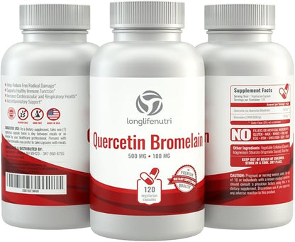 Quercetin 500mg with Bromelain 100mg 120 Vegetarian Capsules | Natural Antioxidant Supplement | Relief Complex | Dihydrate Pure Powder Extract Cap 500 mg Plus