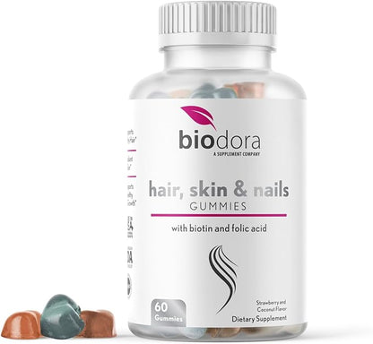 Hair Skin and Nails Gummies, Extra Strength Biotin Gummies with Folic Acid, Inositol and Vitamins, PCOS Symptom Relief & Hormone Balance, Sugar-Free Strawberry & Coconut Flavor, 60 Gummies