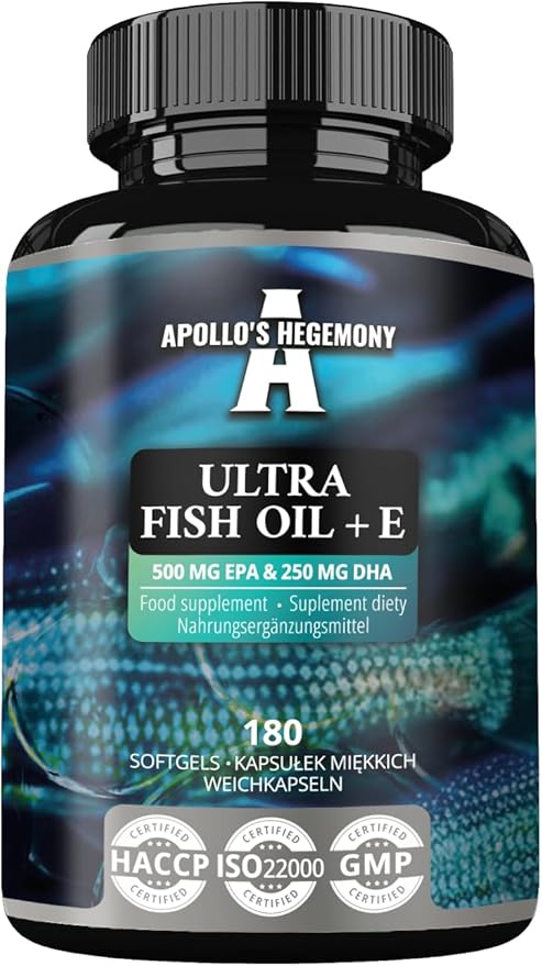 APOLLO'S HEGEMONY Ultra Fish Oil 1000mg with Vitamin E, 180 Softgel Capsules, High Strength Omega 3 with 500mg EPA and 250mg DHA, 6 Months Supply, Fatty Acids (EFAs)