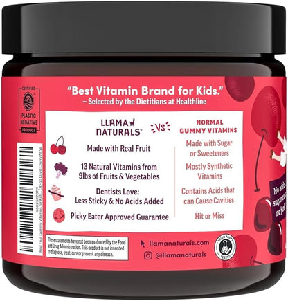 Llama Naturals Kids Multivitamin Gummies, Vegan, Organic with Vitamin D, C & K, Toddler Real Fruit Gummy Vitamins, Chewable Supplement, Whole Food Multivitamin, No Added Sugar Cane, Cherry, 90 Ct