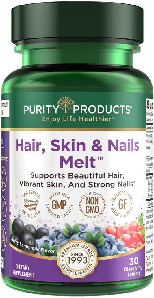 Purity Products Hair, Skin + Nails Melt 1000mcg B-12 + 2500mcg Biotin Energy Berry Melt - Delicious Berry Lemonade Flavor w/Super Fruits - B12 Methylcobalamin - 30 Melting Tablets