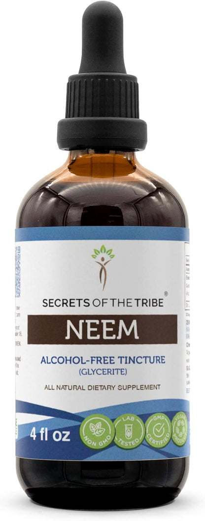 Secrets of the Tribe Neem Tincture Alcohol-Free Extract, Neem (Azadirachta Indica) Dried Leaf Tincture Supplement 4 oz