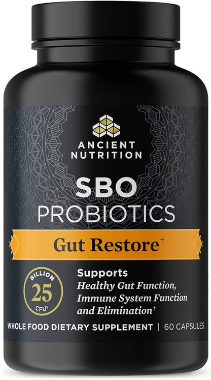 Ancient Nutrition Probiotics, SBO Probiotics Gut Restore 60 Ct, Promotes Gut Health, Digestive and Immune Support, Gluten Free, Ancient Superfoods Blend, 25 Billion CFUs* Per Serving
