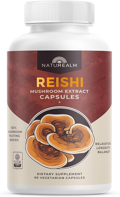 Naturealm Reishi Mushroom Supplement - Organic Reishi Mushroom Extract Capsules for Wellness & Cognitive Support - 90 Vegetarian Capsules with Red Reishi Mushrooms