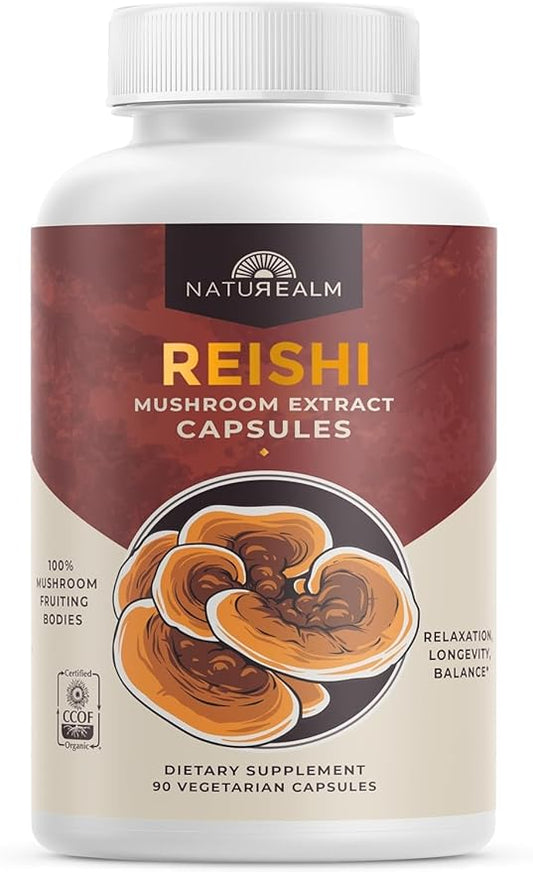 Naturealm Reishi Mushroom Supplement - Organic Reishi Mushroom Extract Capsules for Wellness & Cognitive Support - 90 Vegetarian Capsules with Red Reishi Mushrooms