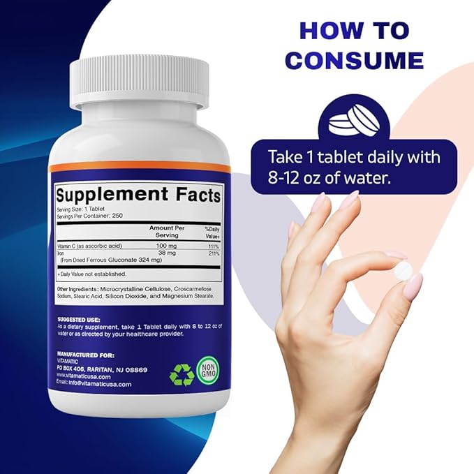 Vitamatic Ferrous Gluconate 324 mg + Vitamin C 100 mg (65 mg Elemental Iron) – High Potency Iron Supplement – Gentle on Stomach, No Artificial Colors – 250 Coated Tablets, Made in USA