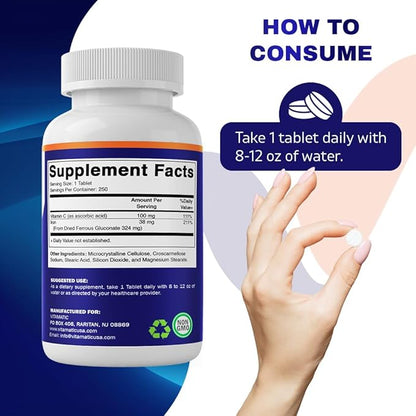 Vitamatic Ferrous Gluconate 324 mg + Vitamin C 100 mg (65 mg Elemental Iron) – High Potency Iron Supplement – Gentle on Stomach, No Artificial Colors – 250 Coated Tablets, Made in USA