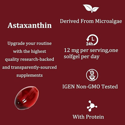 Astaxanthin Softgels 12mg, Microalgae Extracts - Triple Strength 120 Softgels Dietary Supplement | Tanning Pills, Non-synthetic, Allergen-free, Supports Eye, Joint, Internal Circulation Health