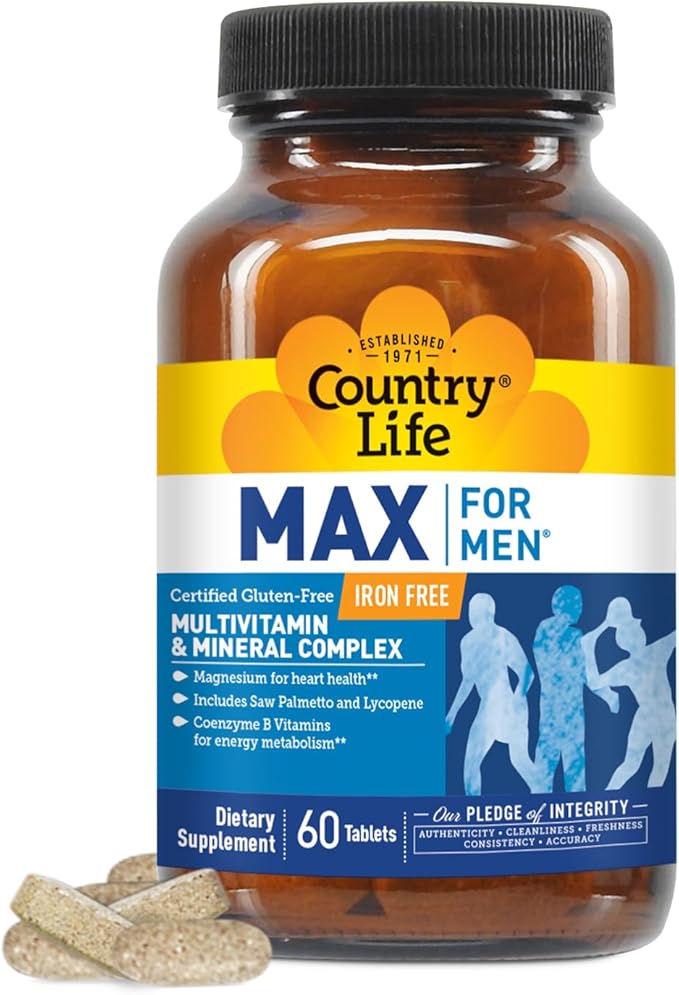 Country Life Max for Men, Multivitamin & Mineral Complex, Iron-Free, Vegetarian Tablets, 60 Count, Certified Gluten Free, Certified Vegetarian
