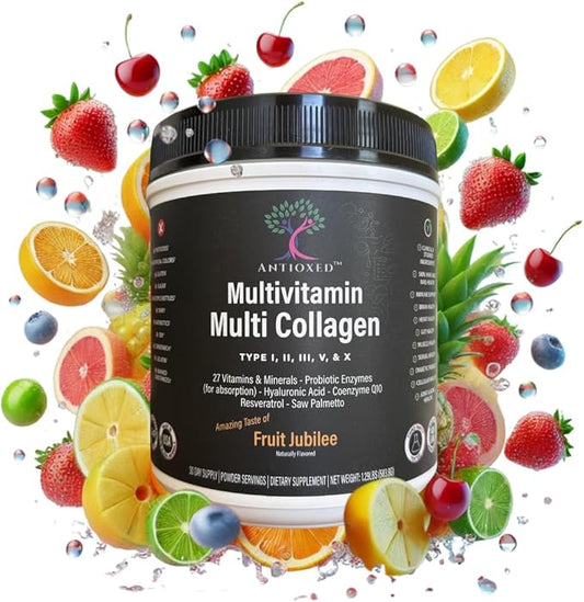 Multi Collagen Multivitamin for Women+Men, Keto, Skin, Joint, Cognitive, Heart, Sensual, & Immune Health, Hydrolyzed Peptides, Antioxidants, Probiotics, No Sugar, 30 Fruit Powder Servings