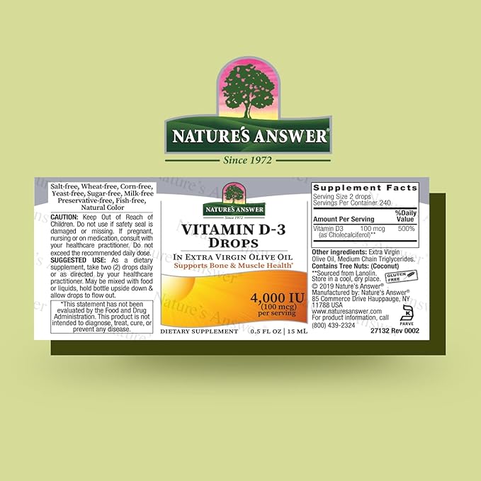 Nature's Answer Platinum Vitamin D3 4000 IU Supplement Liquid Drop, 0.5 Ounce - 2 per case. | Immune Booster | Promotes Muscle & Bone Health