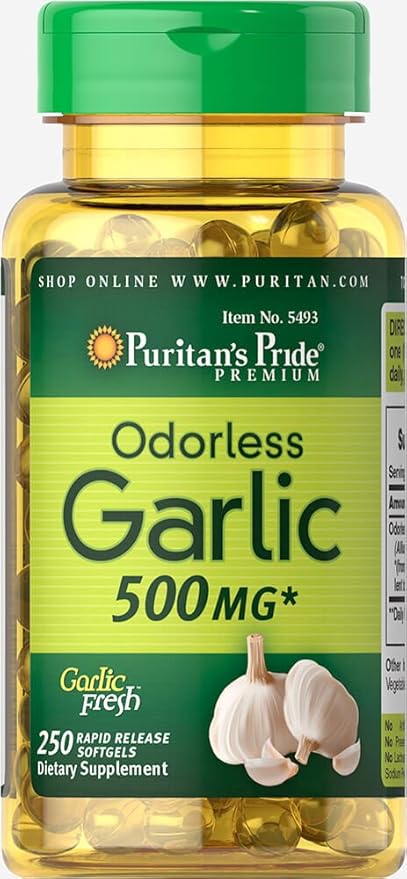Puritan's Pride Premium Odorless Garlic Fresh 500mg, Traditional Dietary Supplement for Heart Health and Circulation Support with Antioxidant Properties, 250 Rapid Release Softgels