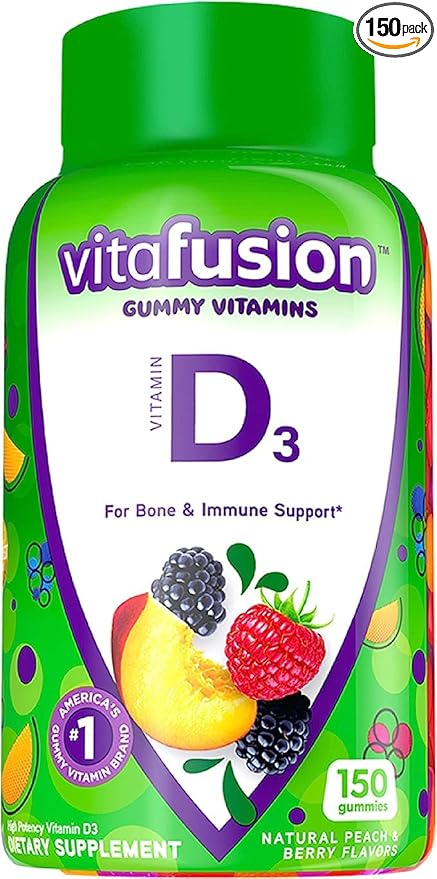 Vitamin D3 Gummy Vitamins Compatible with Vitafusion for Bone and Immune System Support, Peach, Blackberry and Strawberry Flavored, 50 mcg Vitamin D, 150 Count
