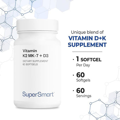 Supersmart - Vitamin K2 MK7 + D3 (Menaquinone 7) 90 mcg per Day - Bones & Heart Health Supplement - Immune Support | Non-GMO & Gluten Free - 60 Softgels