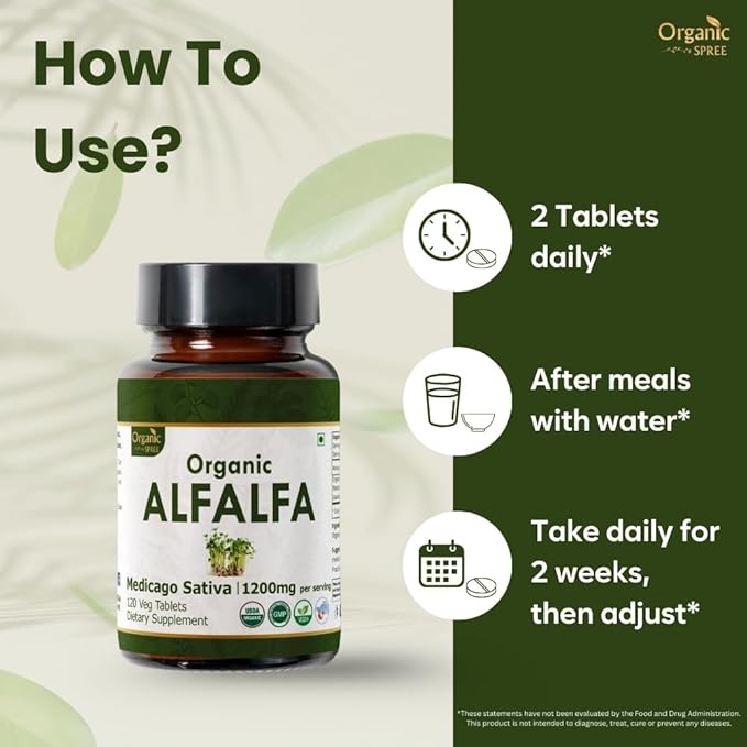 Alfalfa 120 Tablets | Medicago Sativa (Alfalfa) | USDA Organic Certified | Superfood Supplement with Vitamins and Minerals | Organic and Natural 120tab - Pack of 2