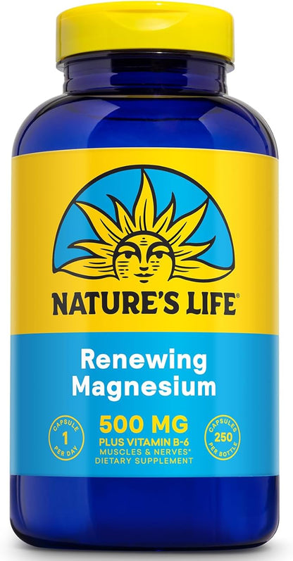 Natures Life Renewing Magnesium 500 mg - Magnesium Citrate, Magnesium Malate, Magnesium Oxide Plus Vitamin B-6 - Muscles and Nerves Support - Lab Verified (250 Servings, 250 VegCaps)