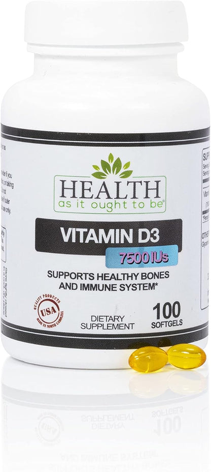 Health As It Ought To Be Vitamin D|3 7500 IUs Supplement | Physician Formulated Supports Healthy Bones & Immune System | 100 Softgels