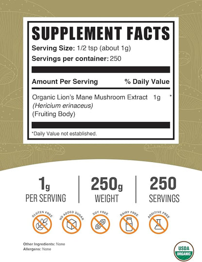 BulkSupplements.com Organic Lion's Mane Mushroom Extract Powder - Lions Mane Supplement Powder, Superfood for Well-Being - Vegan, 1g per Serving, 250g (8.8 oz) (Pack of 1)