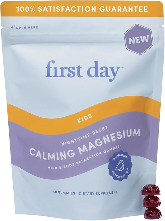 First Day Kids’ Nighttime Reset Calming Magnesium Gummies – Sleep Aid to Support Calm & Relaxation – Bedtime Supplement with Magnesium Citrate, Suntheanine & No Melatonin – 30-Day Supply