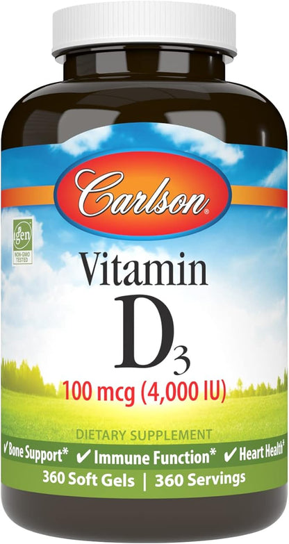 Carlson - Vitamin D3 4000 IU (100 mcg), Immune Support, Bone Health, Muscle Health, Cholecalciferol, Vitamin D Supplements, Vitamin D3 Soft Gels, 360 Softgels