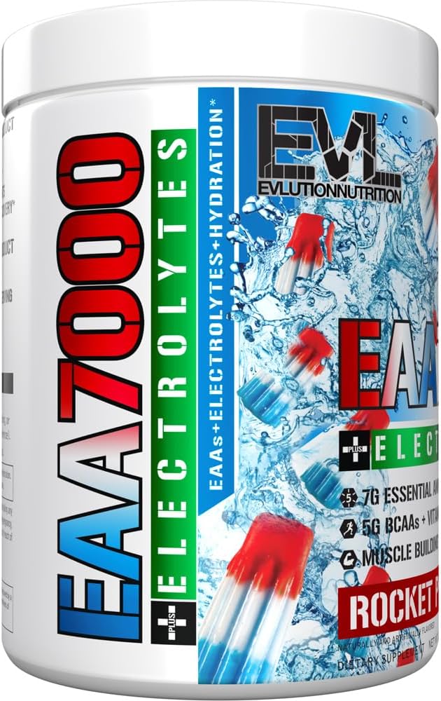 Evlution Nutrition EAA7000 + Electrolytes - Pre & Post Workout Powder - Muscle Building + Recovery Supplement - 7g EAAs + 5g BCAAs + 6 Key Electrolytes - Rapid Hydration - 30 Servings - Rocket Pop