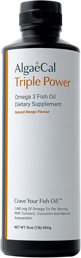 ALGAECAL Triple Power 1200mg EPA & DHA Omega 3 Fish Oil Supplement, Supporting Brain, Heart, Skin & Bones, Liquid Emulsion Mango Taste, Burp-Less, Sugar-Free, Made in USA