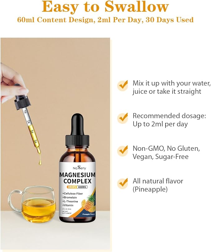 Liquid Magnesium Glycinate,Magnesium Drop for Kids 400mg Liquid Magnesium Complex Hight Absorption Bone Health,Relaxation (2PCS)