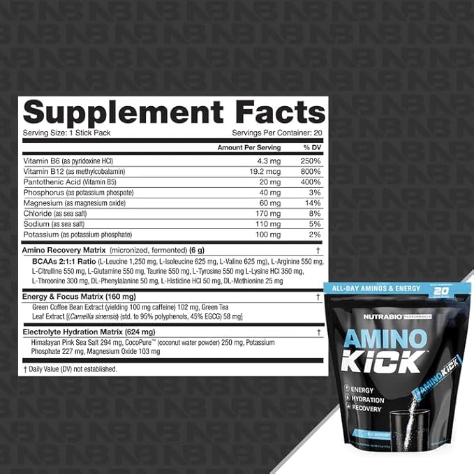 NutraBio Amino Kick Stick Pack - Amino Acids Supplement - BCAA Powder, Electrolytes for Hydration, Natural Caffeine- 20 Servings- Blue Raspberry