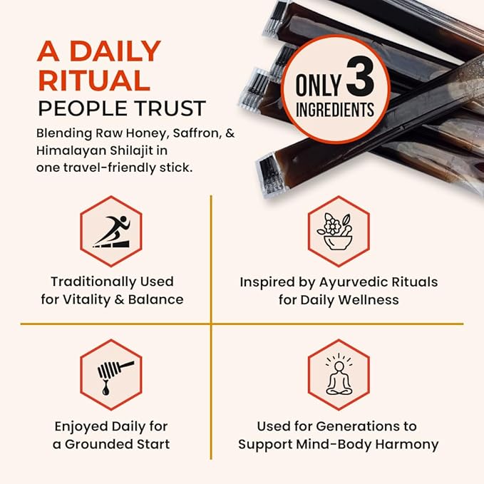 Himalayan Shilajit Honey Sticks | 75%+ Fulvic Acid & Trace Minerals | 10 Premium sticks for men and women | Raw Honey, Saffron & Himalayan Shilajit Resin from 16,000+ ft | USA-Based Seller