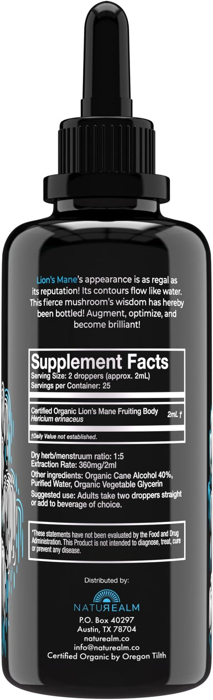 Naturealm Lion’s Mane Mushroom Liquid Tincture Supplement – Focus, Memory & Brain Health, Vegan, Non-GMO – Organic Fruiting Bodies, 2 Month Supply