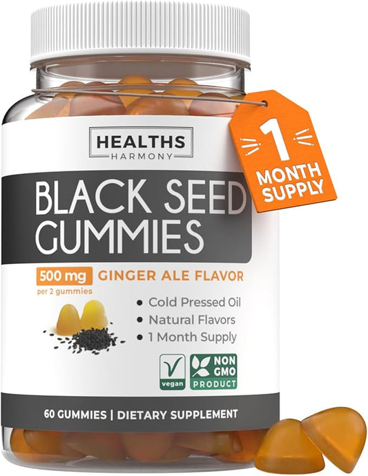 Black Seed Oil Gummies - Natural Ginger Ale Flavor (Non-GMO & Vegan) Cold-Pressed Nigella Sativa Producing Pure Black Cumin Seed Oil - 500mg Per 2 Gummy Serving