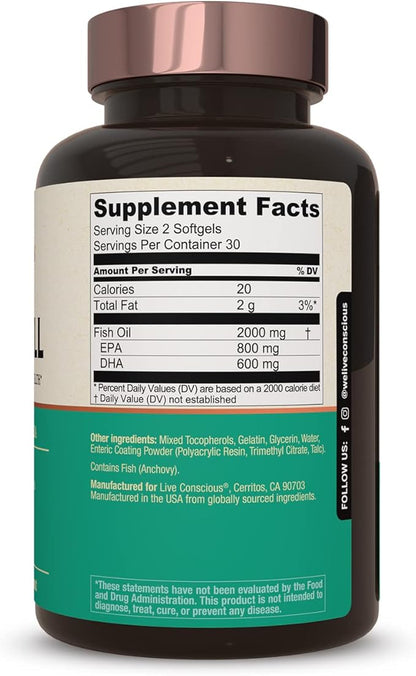 OmegaWell Omega 3 Fish Oil - 2000mg Capsules: Heart, Brain, & Joint Support - 800 mg EPA 600 mg DHA - Sustainably Sourced - Softgels - 30 Day Supply
