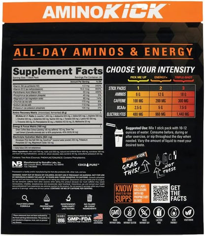 NutraBio – Amino Kick – All in One Performance Formula Energy, Hydration, Recovery 20 Servings, (Orange Mango) – 6g Amino Acids – Support Muscle Building