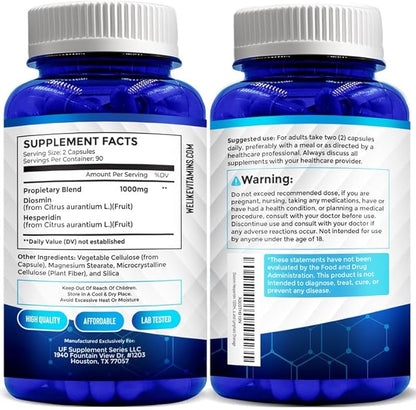 We Like Vitamins Diosmin Hesperidin 1000mg – 180 Capsules – 90 Day Supply - Diosmin and Hesperidin Supplement – Helps to Support Healthy Circulation, Veins, Capillaries, and Lymphatic Drainage