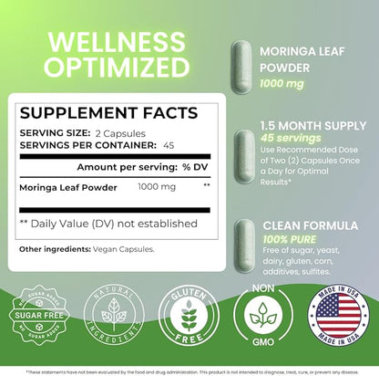 Moringa Capsules – 90 Pure Moringa Powder Capsules Packed with Nutrients for Immune Support, and Daily Health