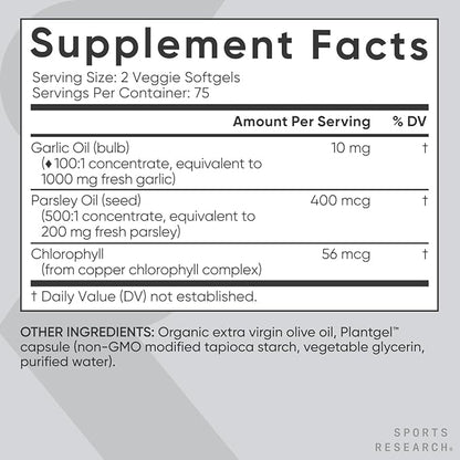 Sports Research Odorless Garlic Oil Pills (1000mg) with Parsley & Chlorophyll | Non-GMO Verified, Vegan Certified & Gluten Free (150 Plant Gels)
