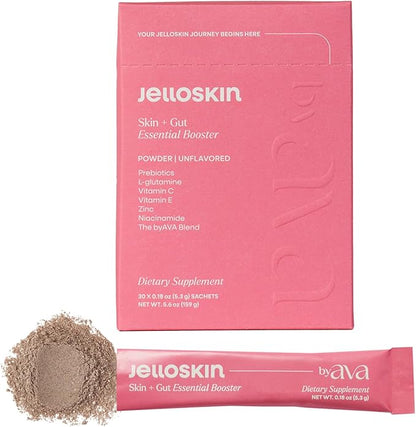 Jelloskin Skin + Gut Essential Prebiotic Booster Powder | L-Glutamine 1500mg, Vitamin C, Zinc, Niacinamide | 30 Servings | Glowing Skin, Gut Health Support | Antioxidants Camu Camu & Spirulina