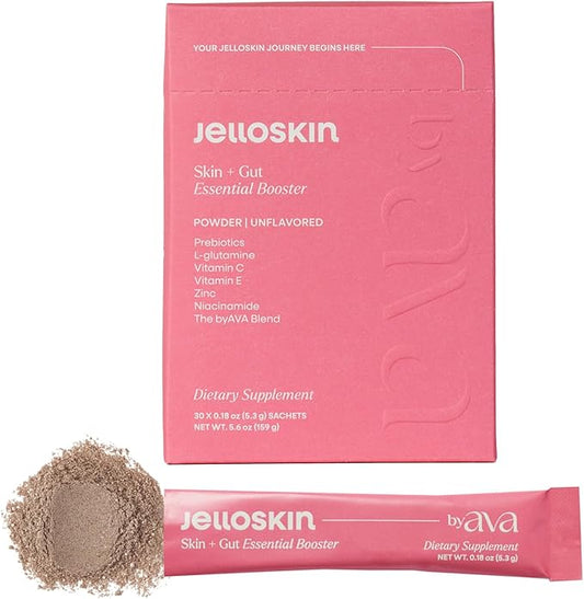 Jelloskin Skin + Gut Essential Prebiotic Booster Powder | L-Glutamine 1500mg, Vitamin C, Zinc, Niacinamide | 30 Servings | Glowing Skin, Gut Health Support | Antioxidants Camu Camu & Spirulina