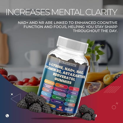 Sugar Free Gummies with Trans-Resveratrol, L-Lysine, L-Arginine, Fisetin, NR, NAD+, ALA, TMG, Beet Root, Astaxanthin, SAM-e, DHEA, Vitamin B2 For Men, Women, Detox, Energy, Metabolism, Aging, Joints