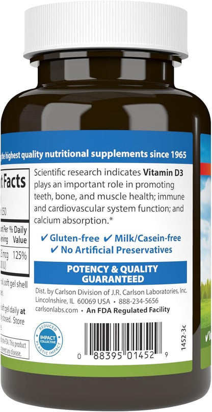 Carlson - Vitamin D3, 1000 IU (25 mcg), Bone Health, Muscle Health, Cholecalciferol, Vitamin D Supplements, Vitamin D3 Soft Gels, 250 Softgels