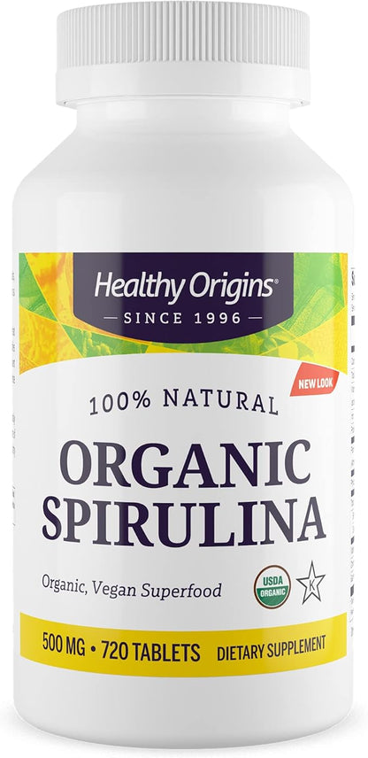 Healthy Origins Spirulina, 500 mg (Organic) - Organic Spirulina Tablet with Vitamin A & Vitamin B12 - Kosher Certified - Vegan, Non-GMO, and Gluten-Free Spirulina Pill - 720 Tablets