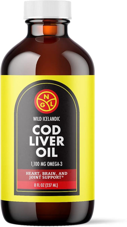 NGL Pure Cod Liver Oil - Wild Icelandic - 1,100 mg Omega-3 + Natural Vitamin A & D - Heart and Brain Health, Joint Support 8 Fl Oz