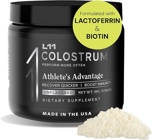 Colostrum Supplement by L11 with Lactoferrin Biotin Zinc & Vitamin D | Bovine Colostrum Powder for Peak Athletic Health, Gut Health, Muscle & Immune Support | 1500mg Colostrum - Unflavored 30 Servings
